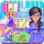 School girls house cleaning
